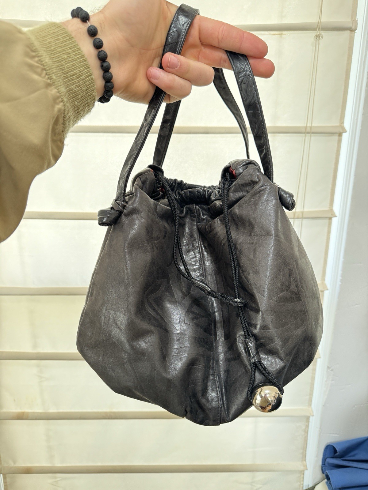 Vintage Ruth Saltz Leather Drawstring Bucket Bag Black Slouchy Purse Key Charm