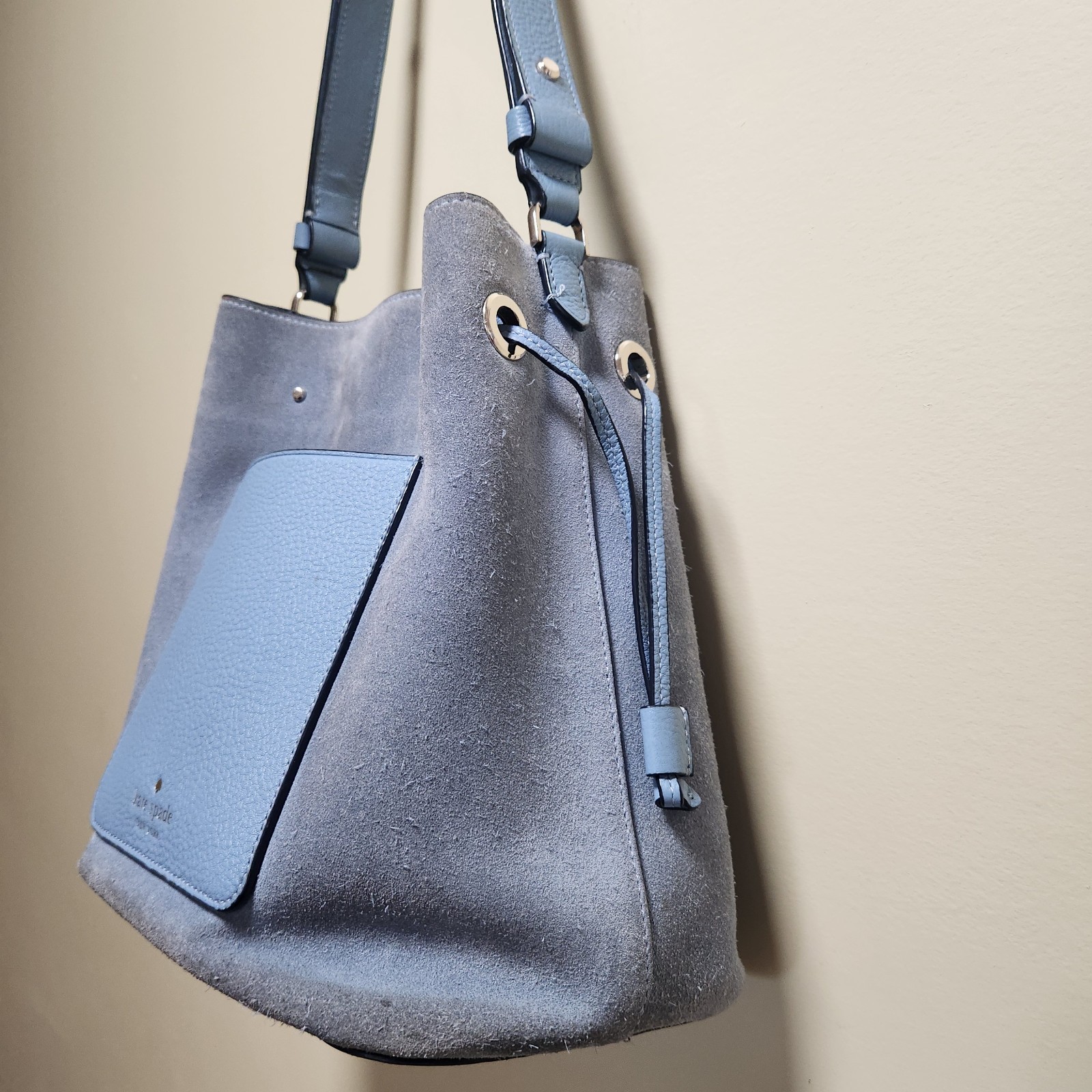 Kate Spade Marti Suede Large Bucket Bag Shoulder Bag Crossbody Dusty Blue
