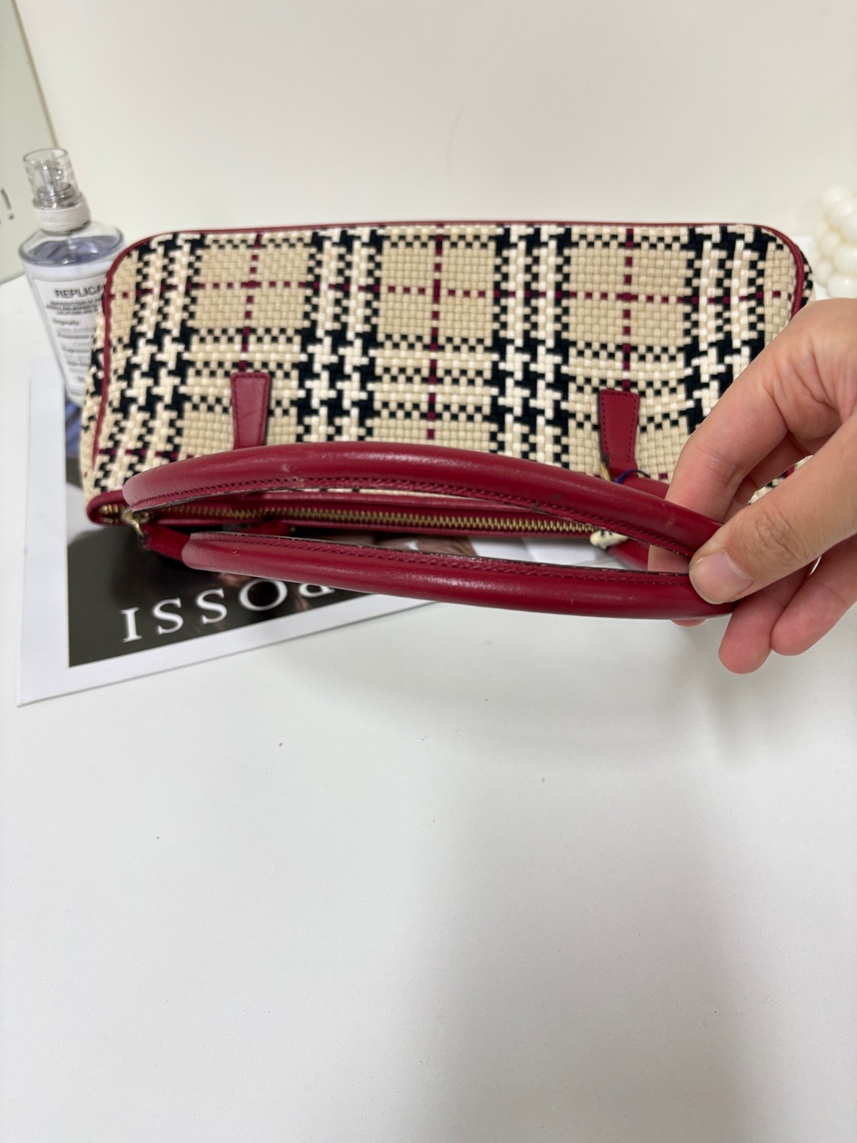 Burberry Horseferry Check Normal Size Beige&Wine Red Woven Leather 2Way Bag Duty