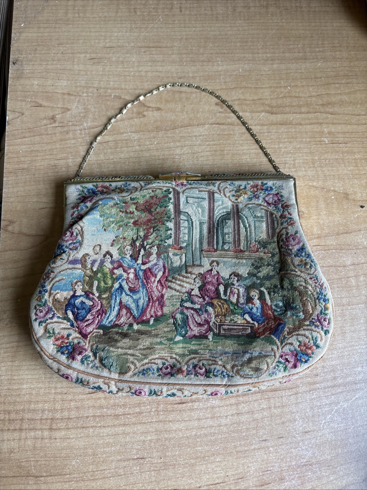 ANTIQUE VICTORIAN PETIT POINT TAPESTRY EVENING BAG WITH CHAIN 🔥🔥🔥