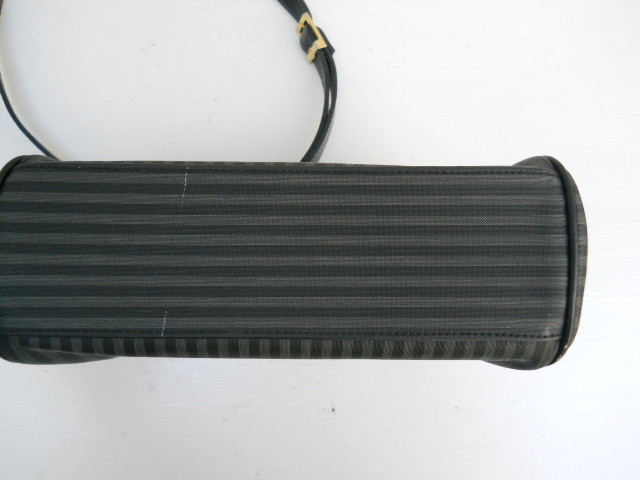 CL America Black & Gray Striped Canvas Shoulder Bag – Hinged Ends, Wide Opening.