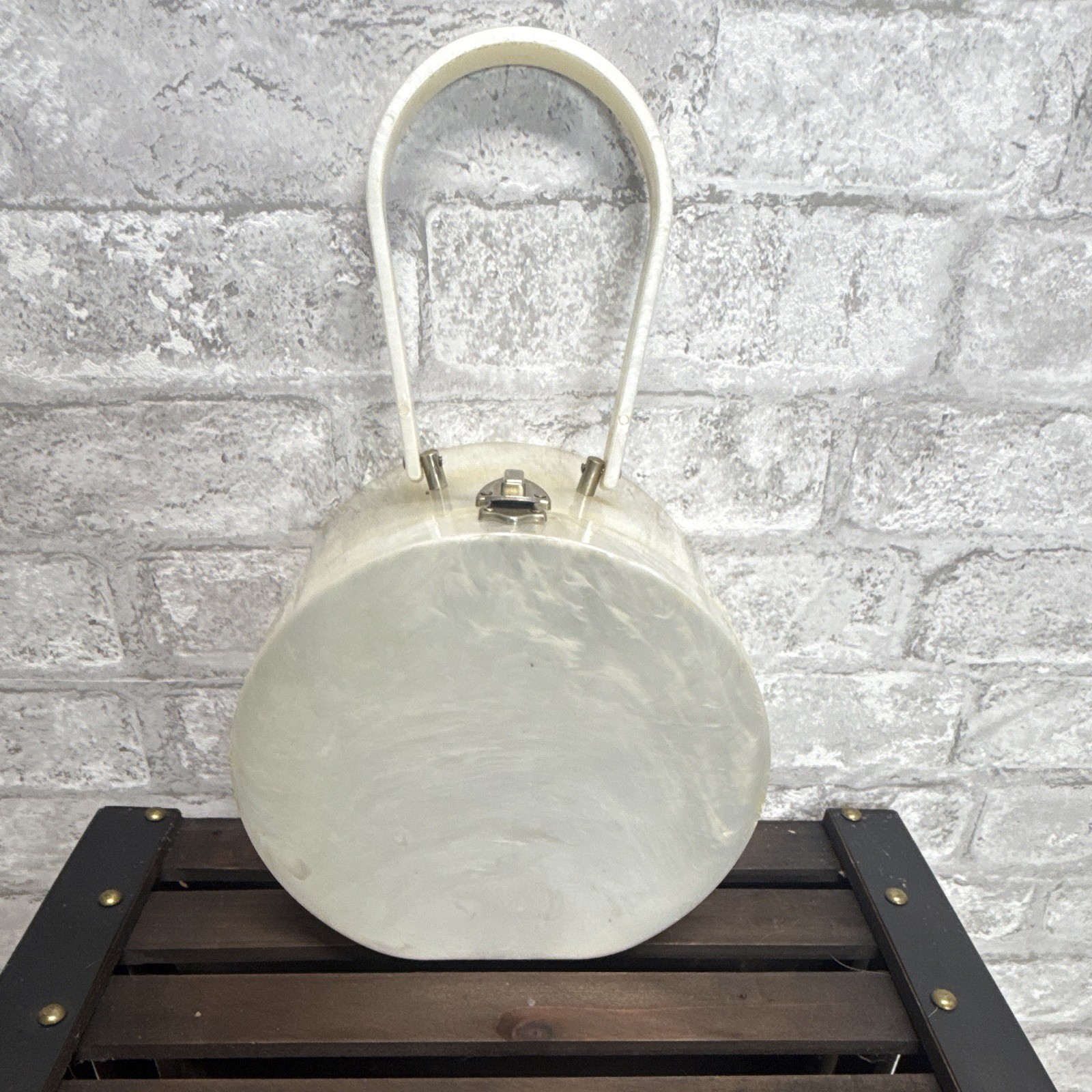 Women’s White Marbled Oval Hard Case Top Handle Bag, Clasp, Silver Hardware