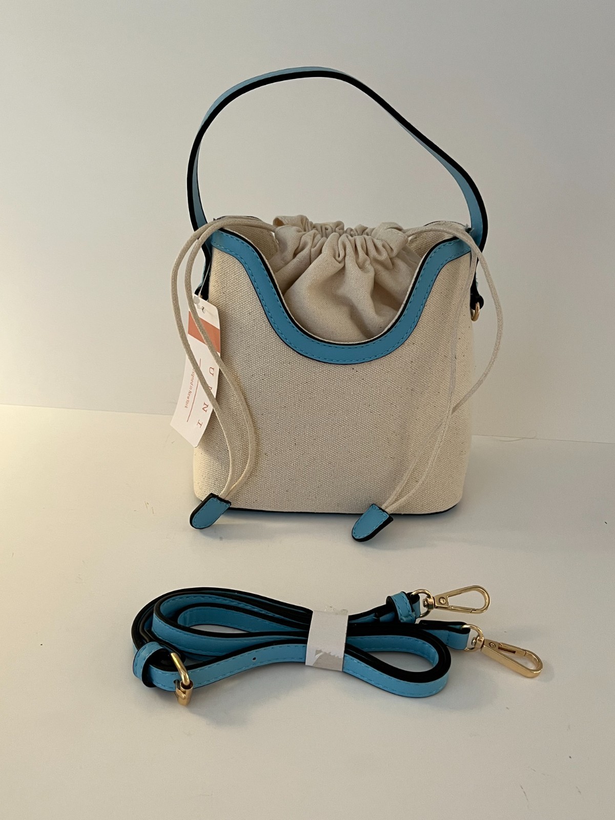 Drawstring Satchel Canvas Crossbody Bucket Beige Lt Blue Bag