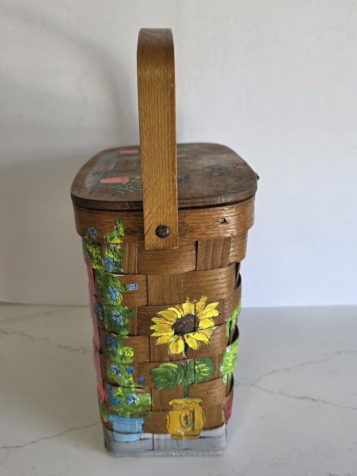 Vintage Alice Thorn Hand Painted for Saks 5th Avenue Wooden Basket / Handbag