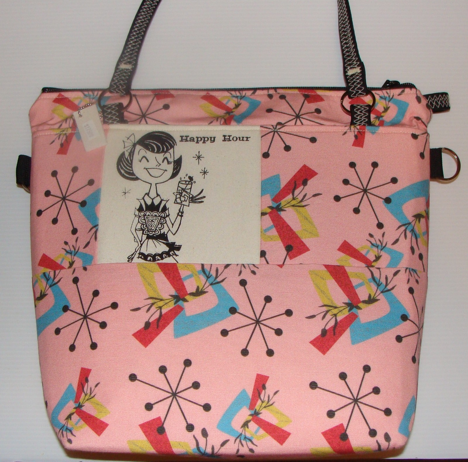 OOAK Purse, Bag, Tote Bag, Light Pink w/MCM Pattern, Black & White Straps