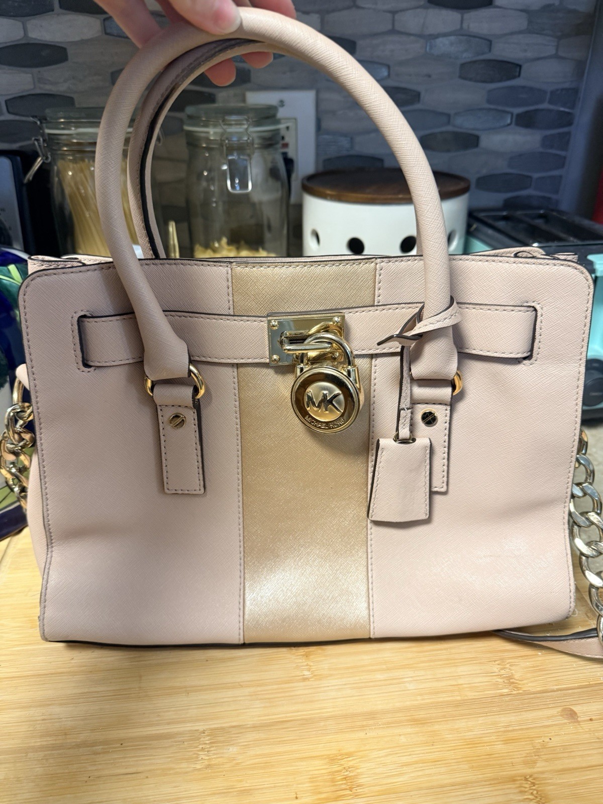Michael Kors Pink Satchel Top Handle Bag w Lock, Chain Strap, Snap, Studs