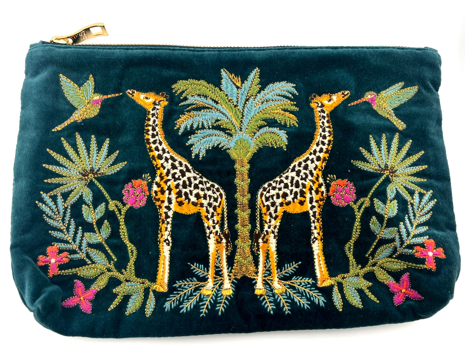 Elizabeth Scarlett Organic Velvet Embroidered Giraffe Hummingbird Pouch Clutch