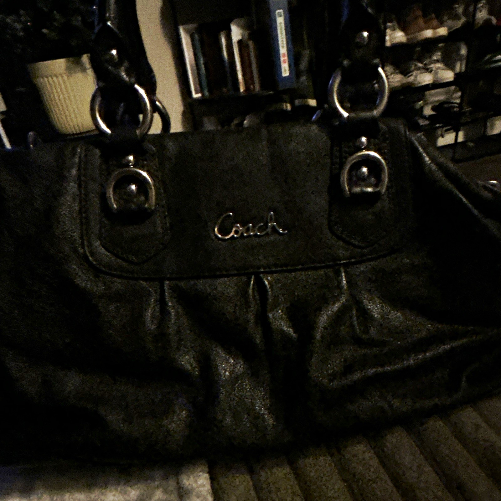 Coach Metallic Black Satchel Zip Top Double Handles Crossbody Strap Purple