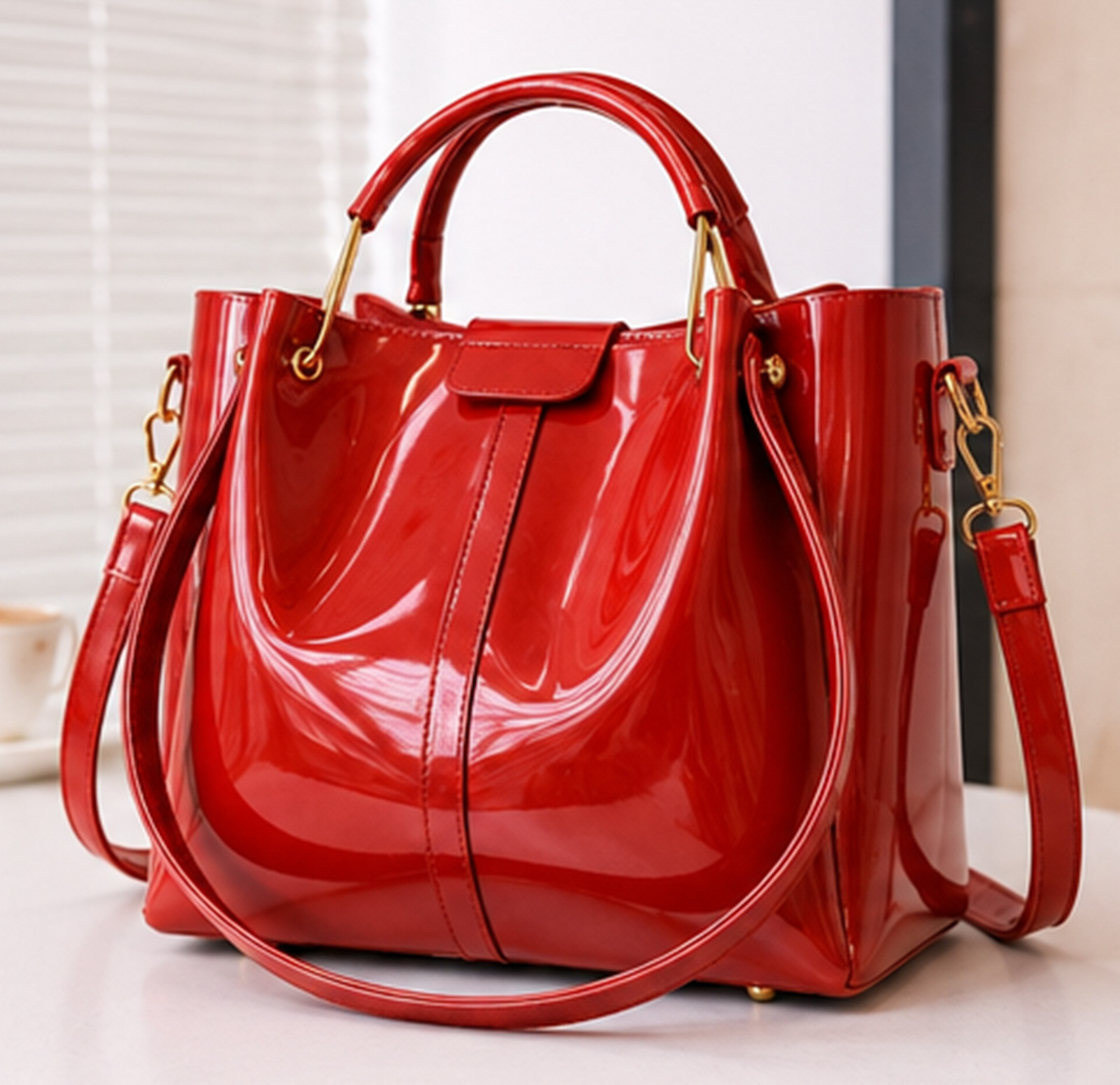 Red Patent Leather Handbag, Glossy Shoulder Bag with Gold Hardware