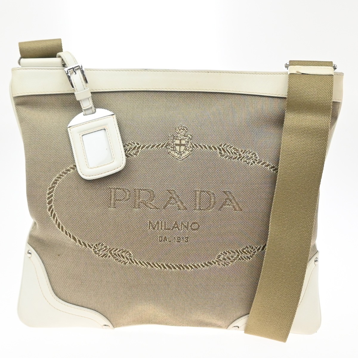 PRADA MILANO Logo Jacquard Shoulder Bag Leather Canvas Beige Brown 85KD634