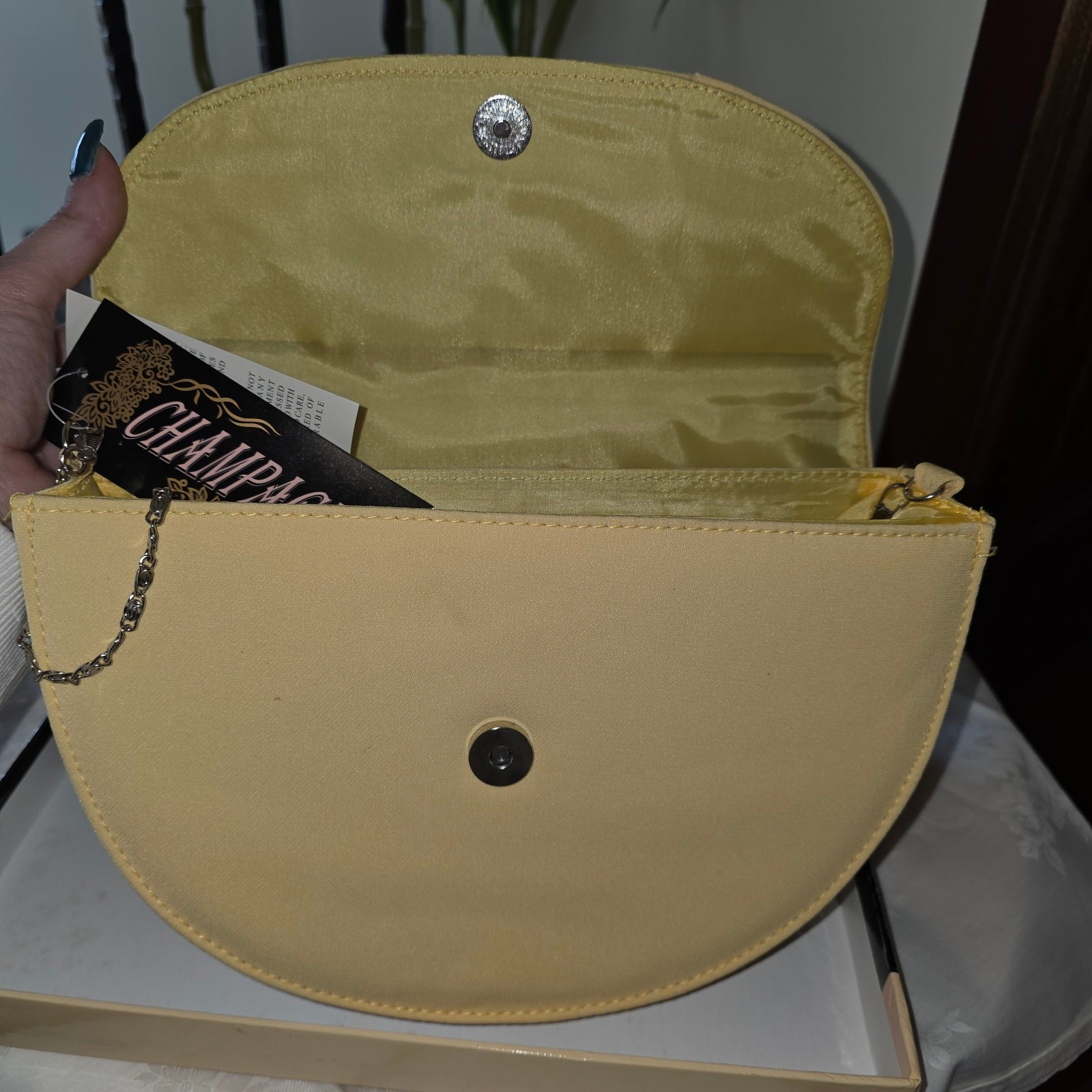 NWT Champagne Italy, yellow, half circle purse with gems