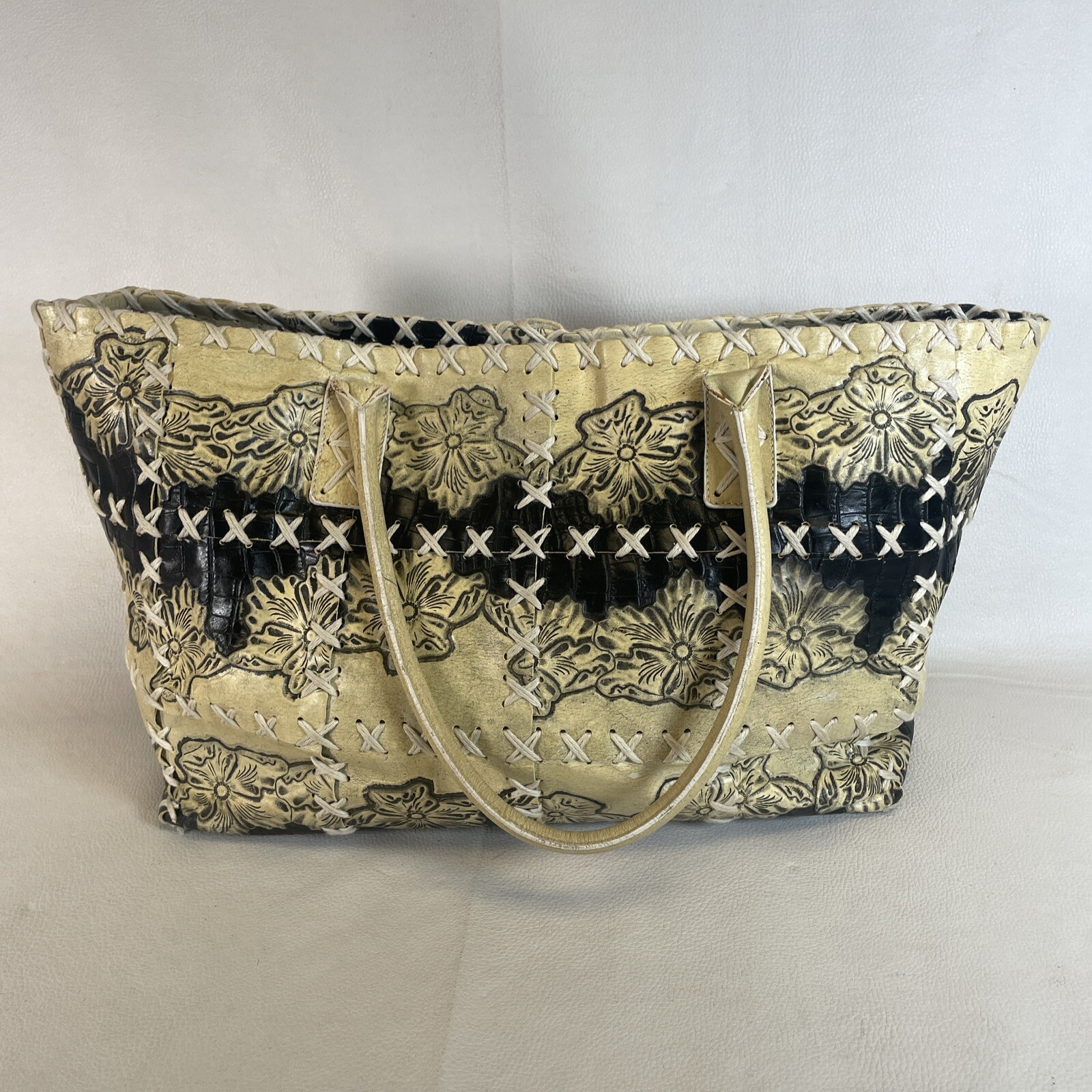 Berge Embossed Leather Tooled Bag Purse Floral Beige/ Tan Black-Italy-Read!