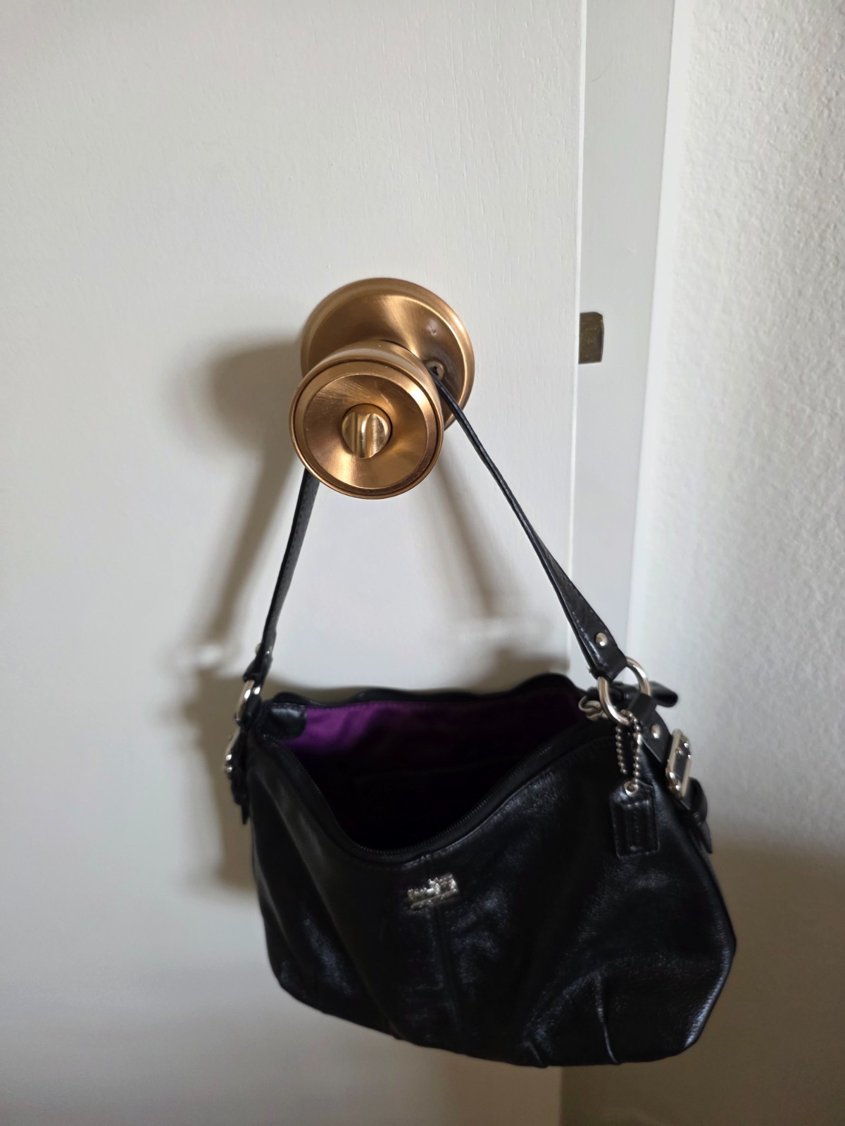Coach Madison Black Pebble Leather Handbag with Carry Strap