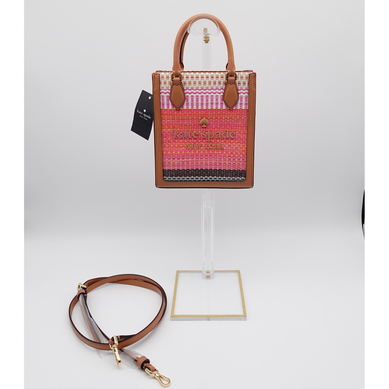 Kate Spade Manhattan Woven Stripe North South Mini Tote Pink Orange Tan Bag