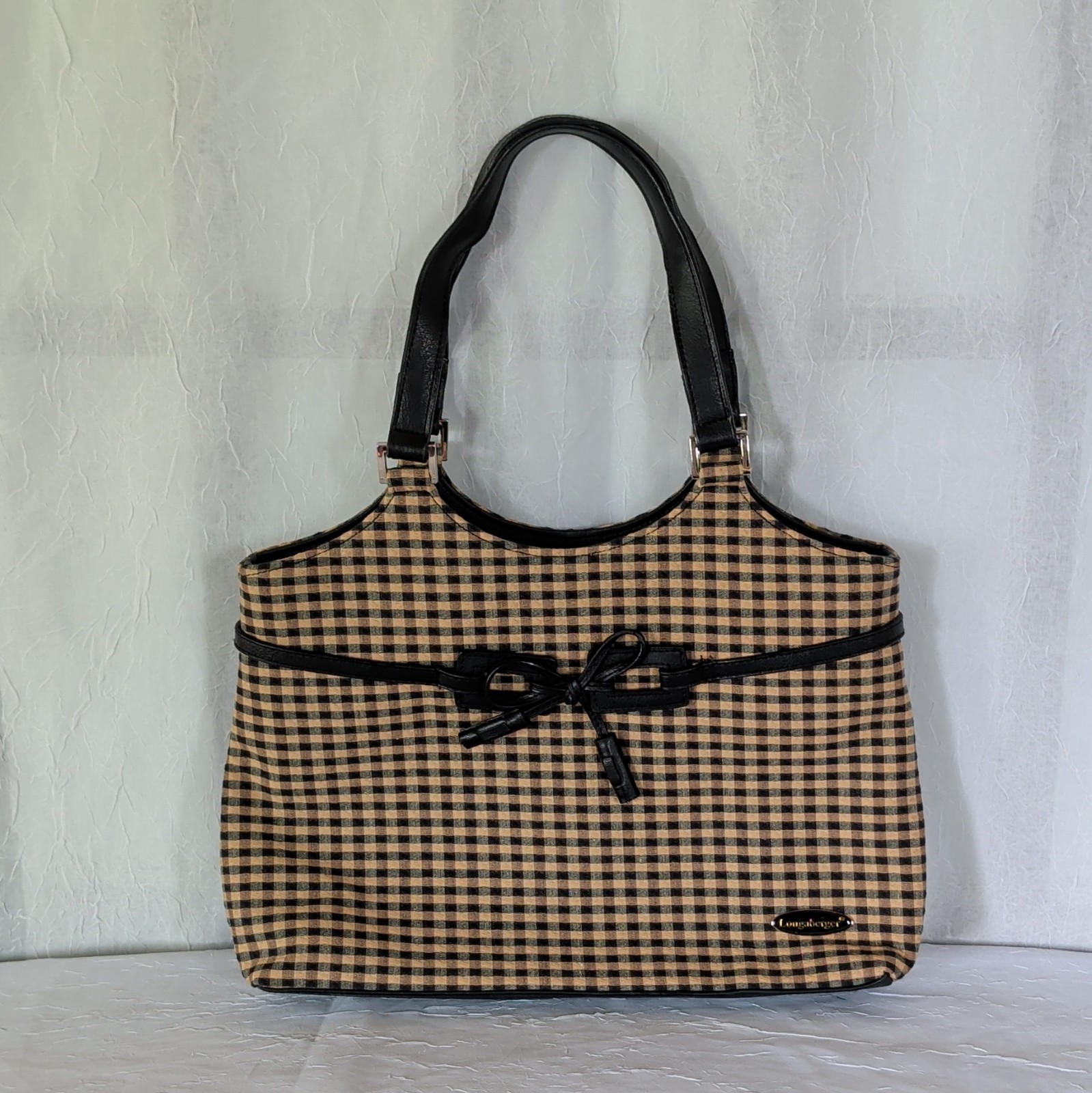 Longaberger Tan/Black Gingham Shoulder Bag Bow & Strap Accents Silver Hardware