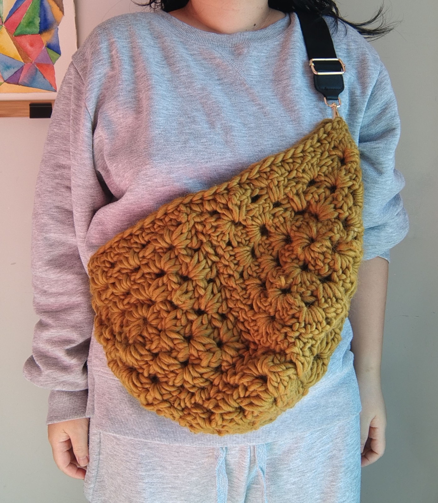 Mustard Crochet Yarn Floral Crescent Crossbody Bag Large Black Strap Handmade