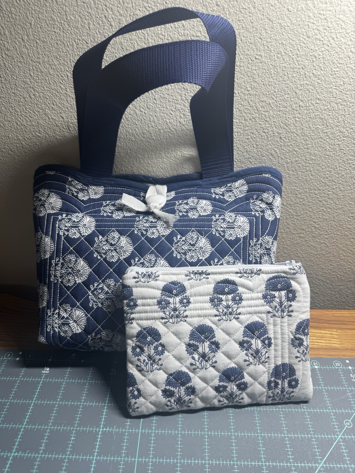 Handmade Quilted Tote Bag with Matching Zipper Pouch – Blue Floral