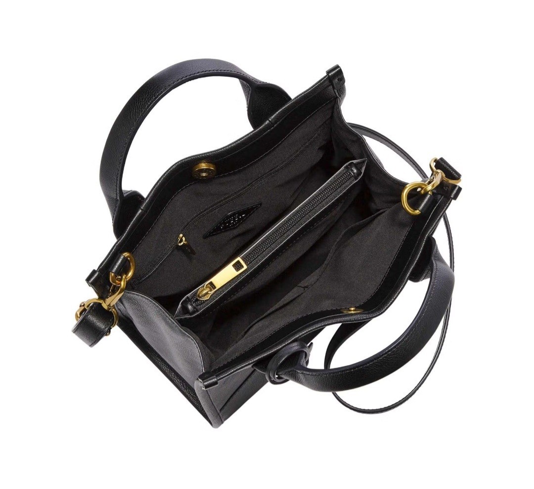 Fossil Black Leather Satchel Bag Kyler with Adjustable Strap & Zip Compartments
