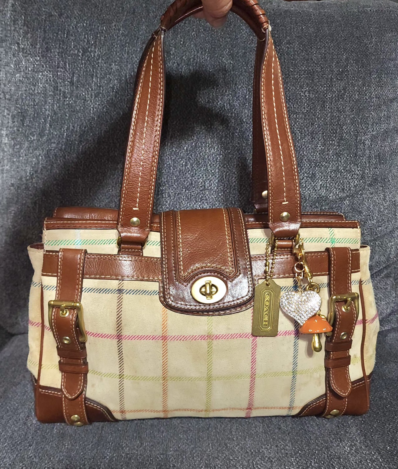 Vtg Y2K COACH HAMPTONS SUEDE & WHISKEY LEATHER TATTERSALL CARRYALL BAG SATCHEL