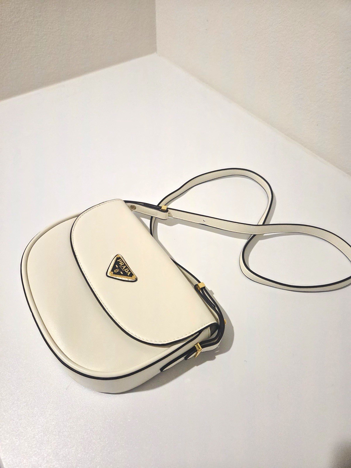 PRADA White Mini Crescent Crossbody Bag Triangle Logo Magnetic Closure Dust Bag