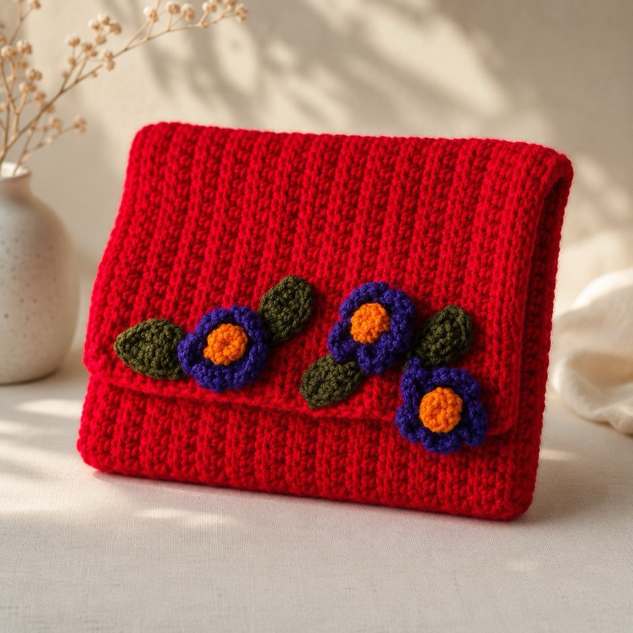 Handmade Knit Clutch Bag Fold Over Red w/ Crochet Blue Flowers Boho Pouch
