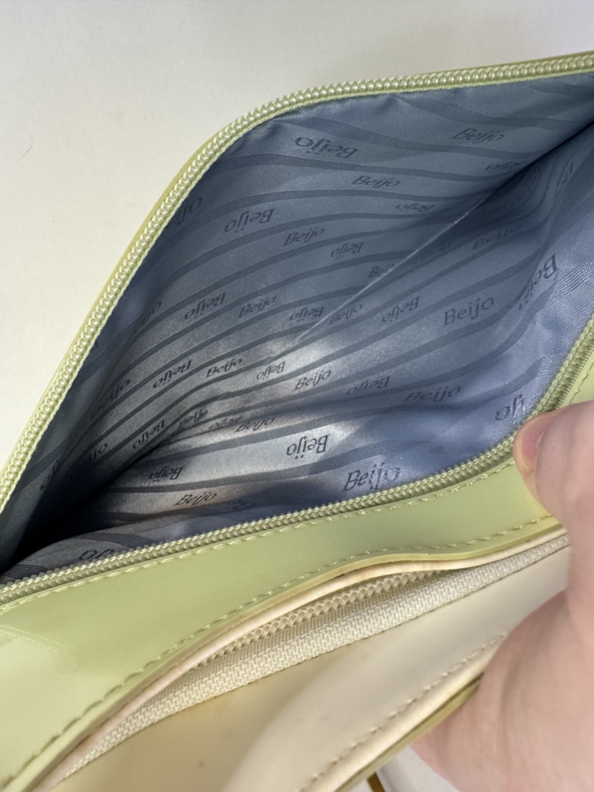 Beijo Mint Green Patent Leather Tote Bag Cream Handles Zip Top