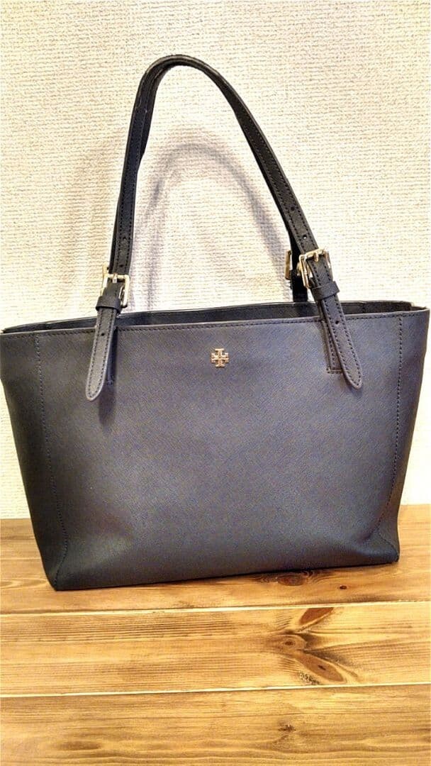 Tory Burch Navy Tote Bag Women Gold Hardware 11.4×9.4×5.1in Shoulder Bag