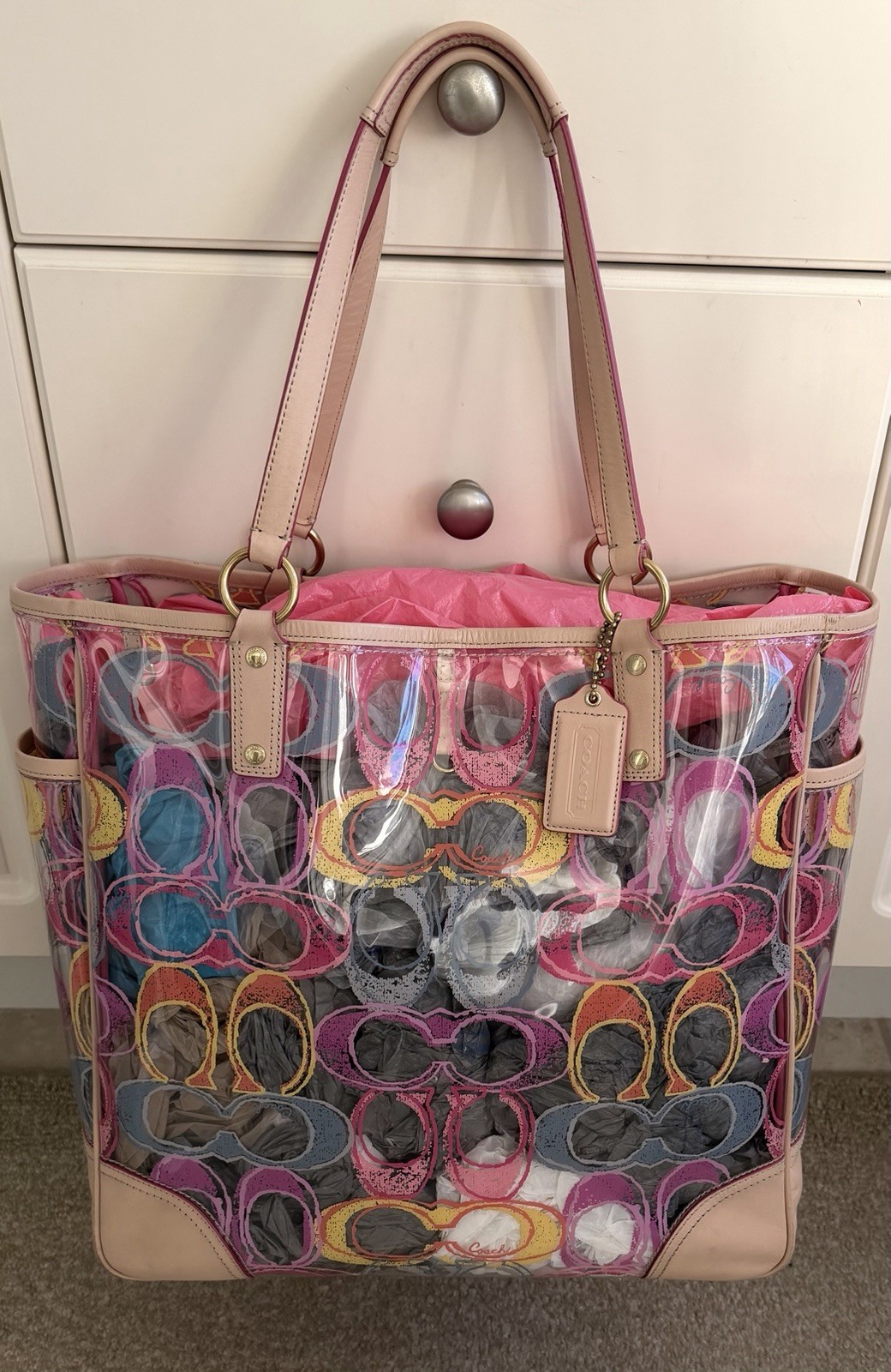 COACH MULTICOLOR SIGNATURE PVD CLEAR TRANSPARENT XLARGE TOTE 22513