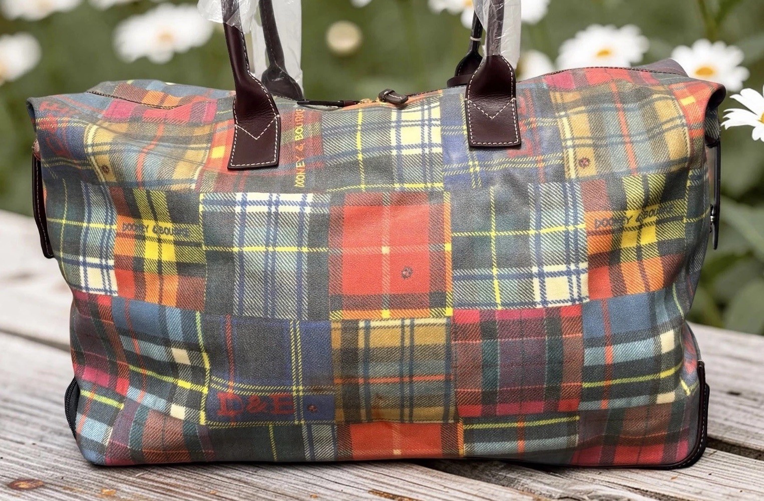 Dooney Bourke Madras Plaid Tartan XL Rolling Travel Duffle Luggage Bag Vintage