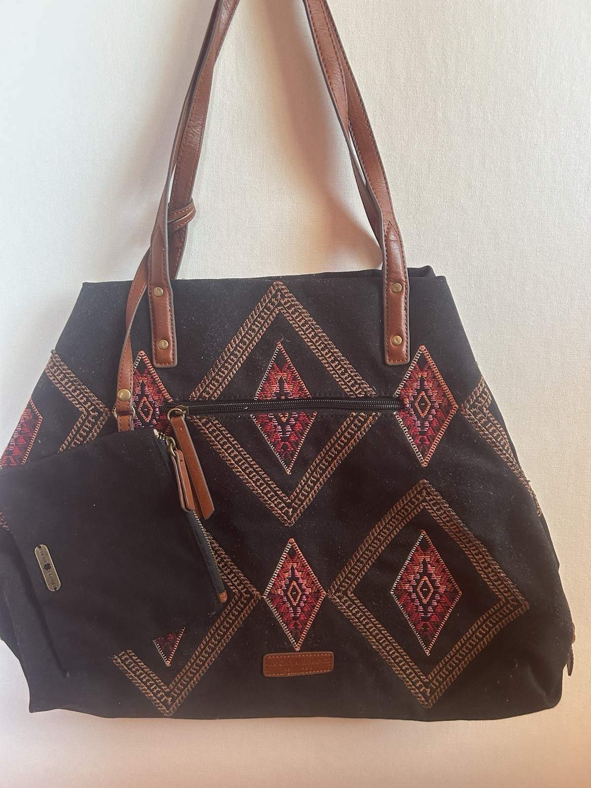 Lucky Brand Large Shoulder Tote+Pouch Canvas Black Red Embroidered Diamonds Boho