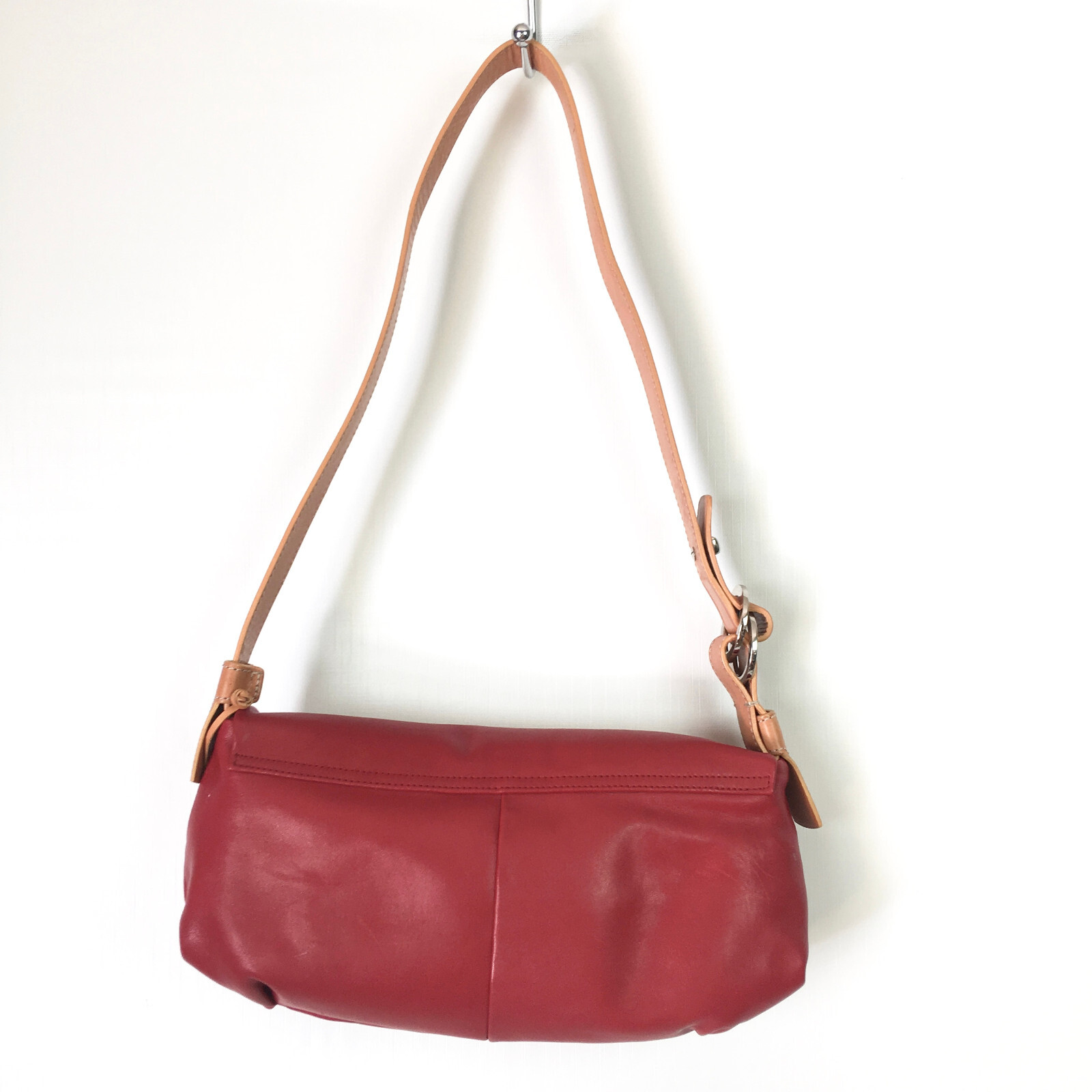 El Portal Shoulder Bag Red Leather Flap Purse Brown Trim