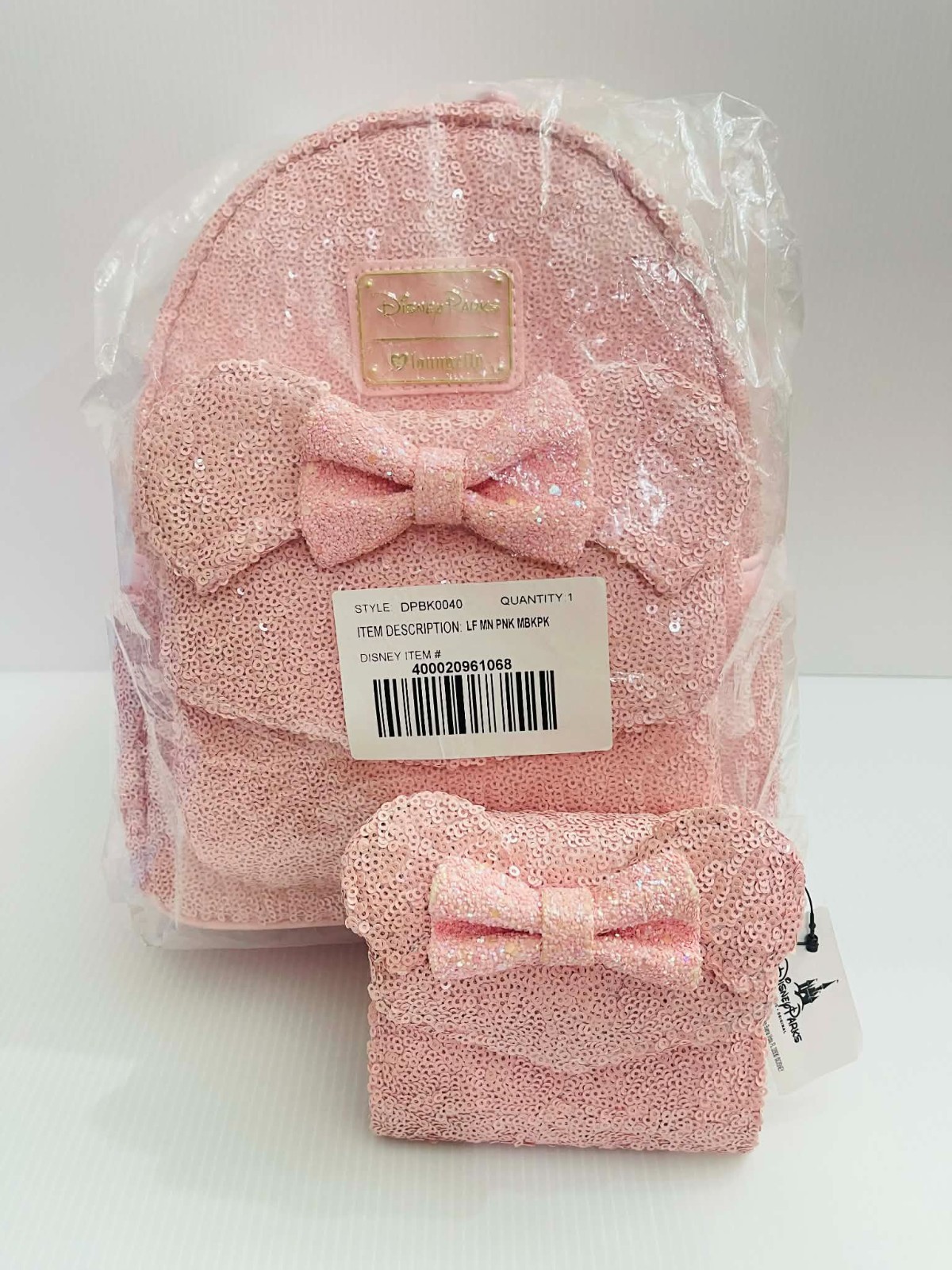 NWT Disney Loungefly Millennial Pink Sequin bow Mini Backpack Wallet Minnie Ears
