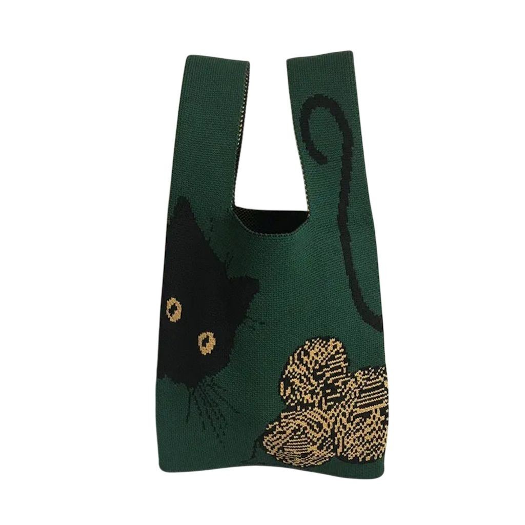 Y2k Green Knit Small Tote Bag Casual Handbag Summer Cat Lover