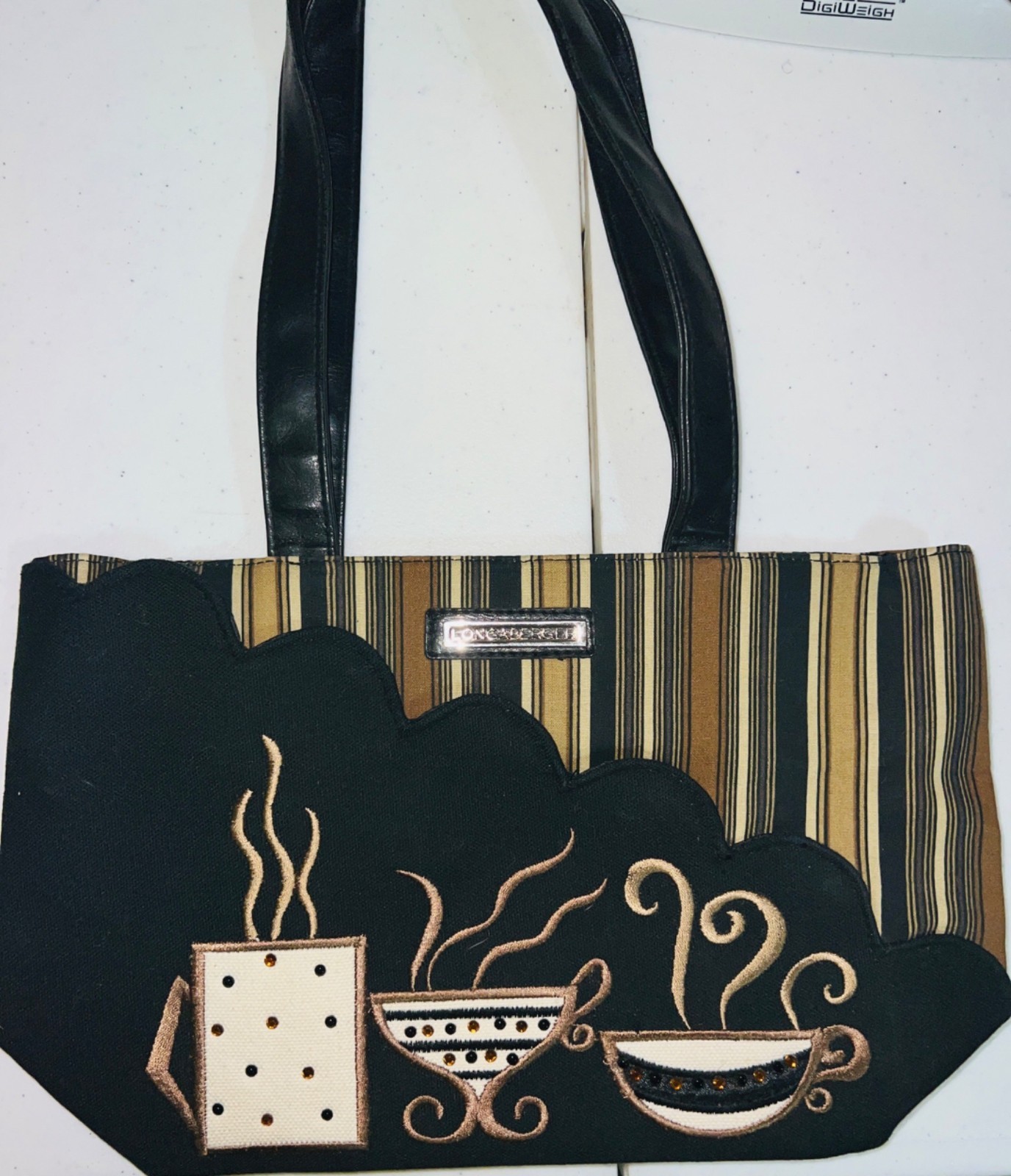 Longaberger Tote Bag Fabric & Faux Leather Striped Multicolor Coffee Cup Design
