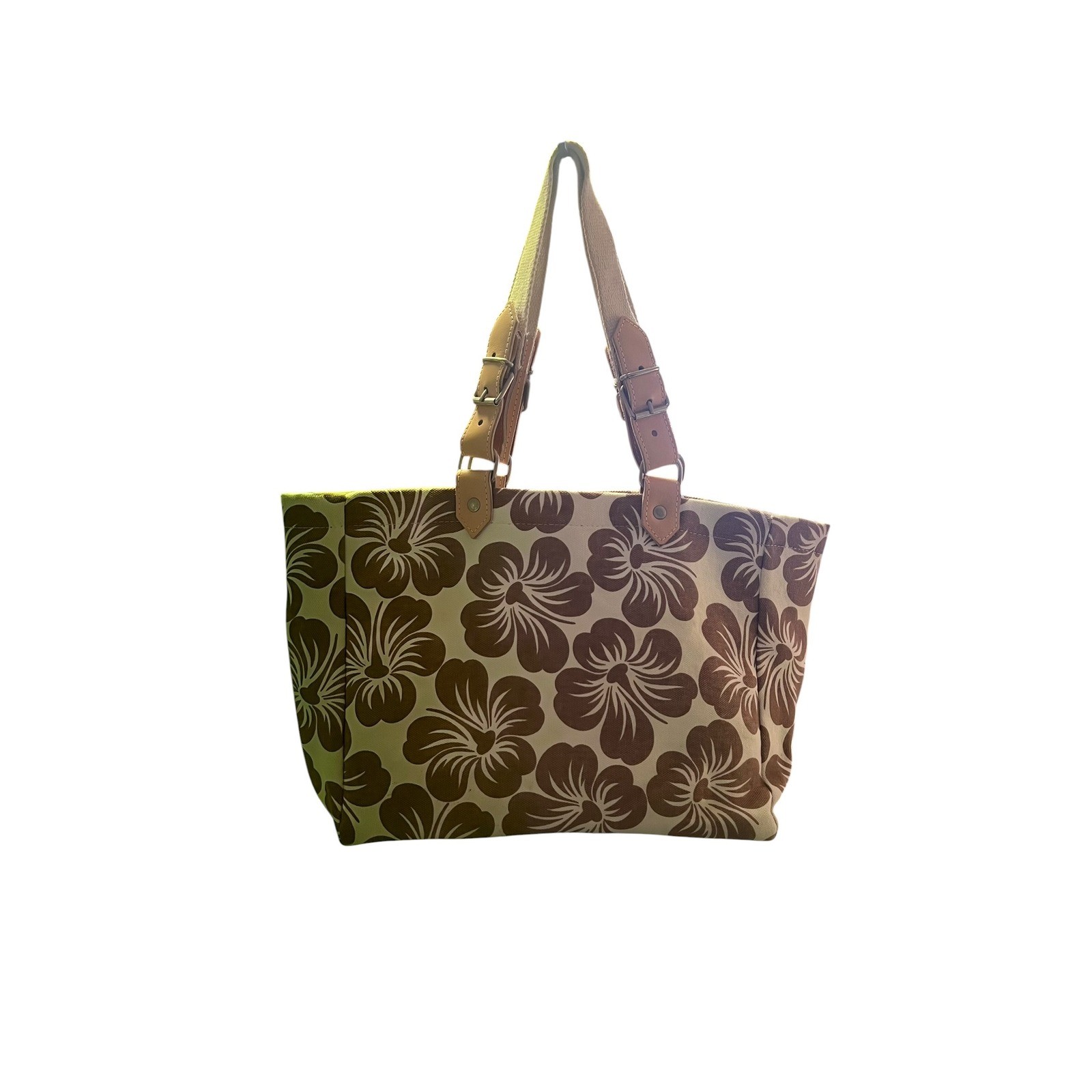 Bonfanti Tote Bag Large Cream Tan Floral Hibiscus Canvas Beach Made in Italy