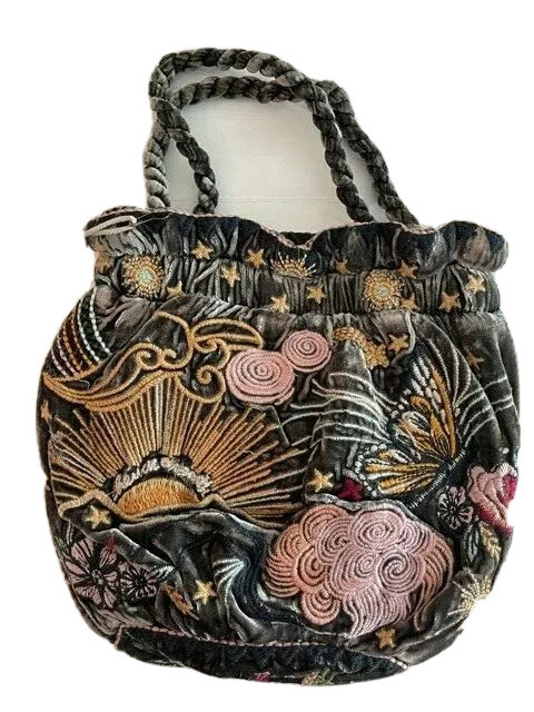 Johnny Was Pouch Bag Selah Velvet Hunter Green Floral Embroidery Small Flower NW