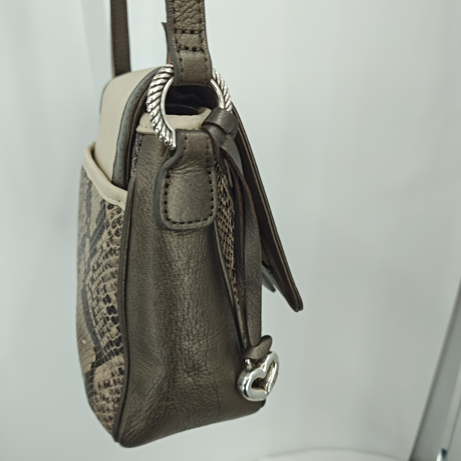 Brighton Crossbody Handbag Snakeskin Pewter Gray Beige Flap Front