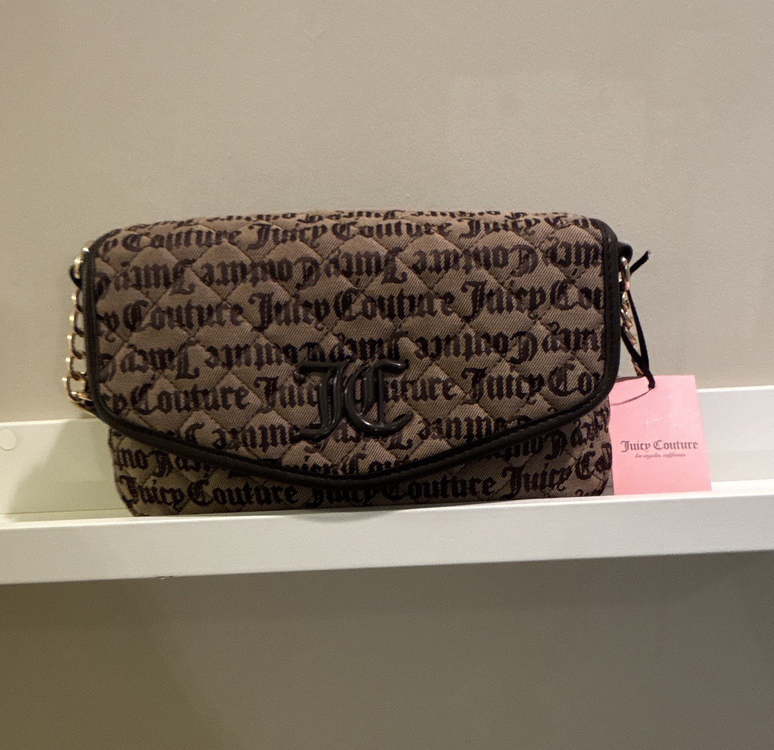 Juicy Couture Logo Quilted Brown Black Crossbody Bag Gold Chain Strap Small