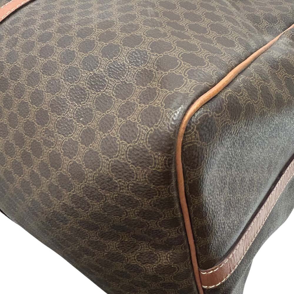 Auth CELINE Macadam Boston Bag Brown Leather Canvas Travel Gold w/Shoulder Strap