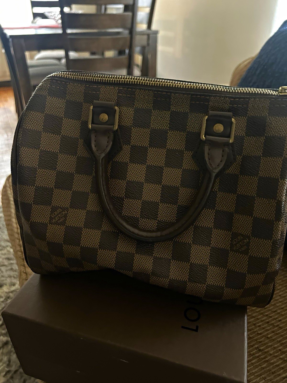 Louis Vuitton Speedy Damier Ebene Brown Satchel Top Handle Zip w/ Lock & Key