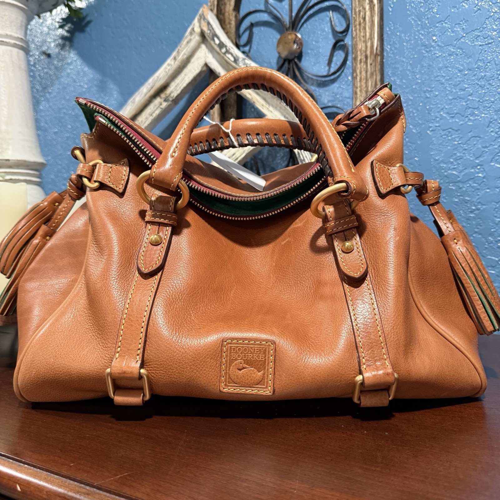 Dooney & Bourke Florentine Natural Satchel, Zip Tassel, Strap, Gold, Pockets
