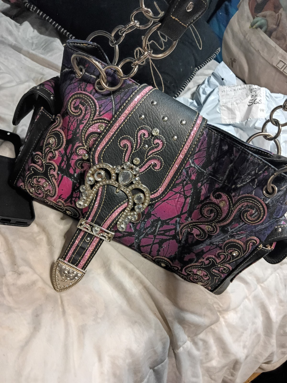 Pink Black Purple Camo Western Zip Satchel Top Handle Buckle Rhinestone Strap