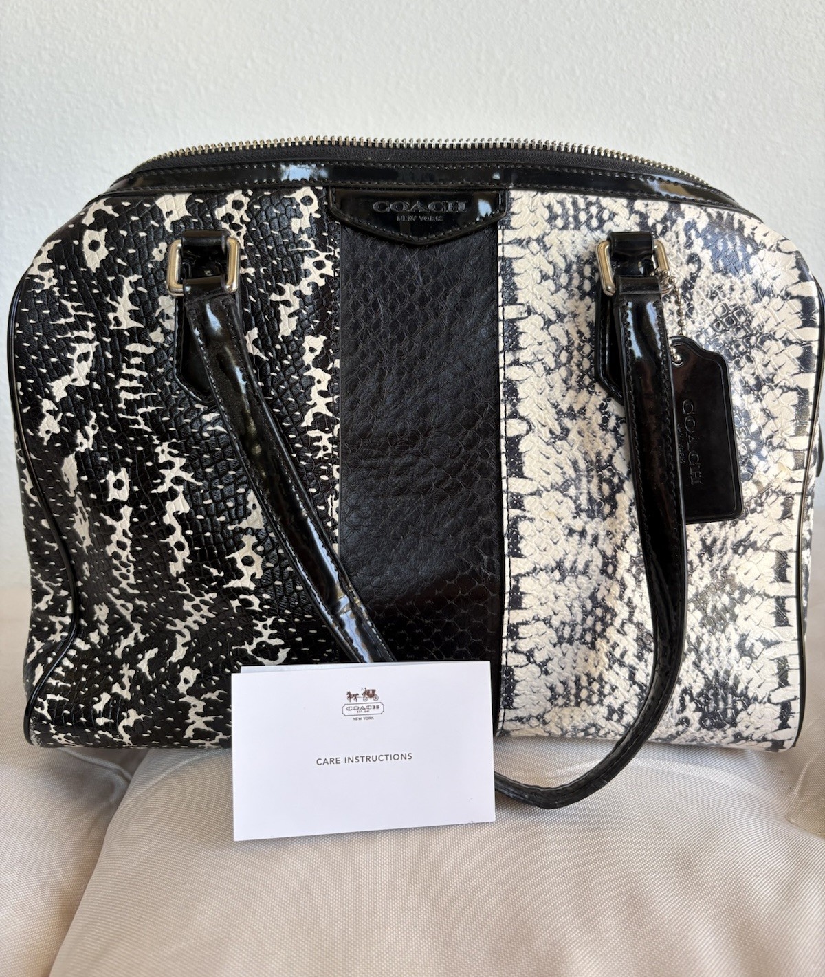 Coach 2014 Nancy Exotic Reptile Satchel Snakeskin Pattern Black White 11x9x4