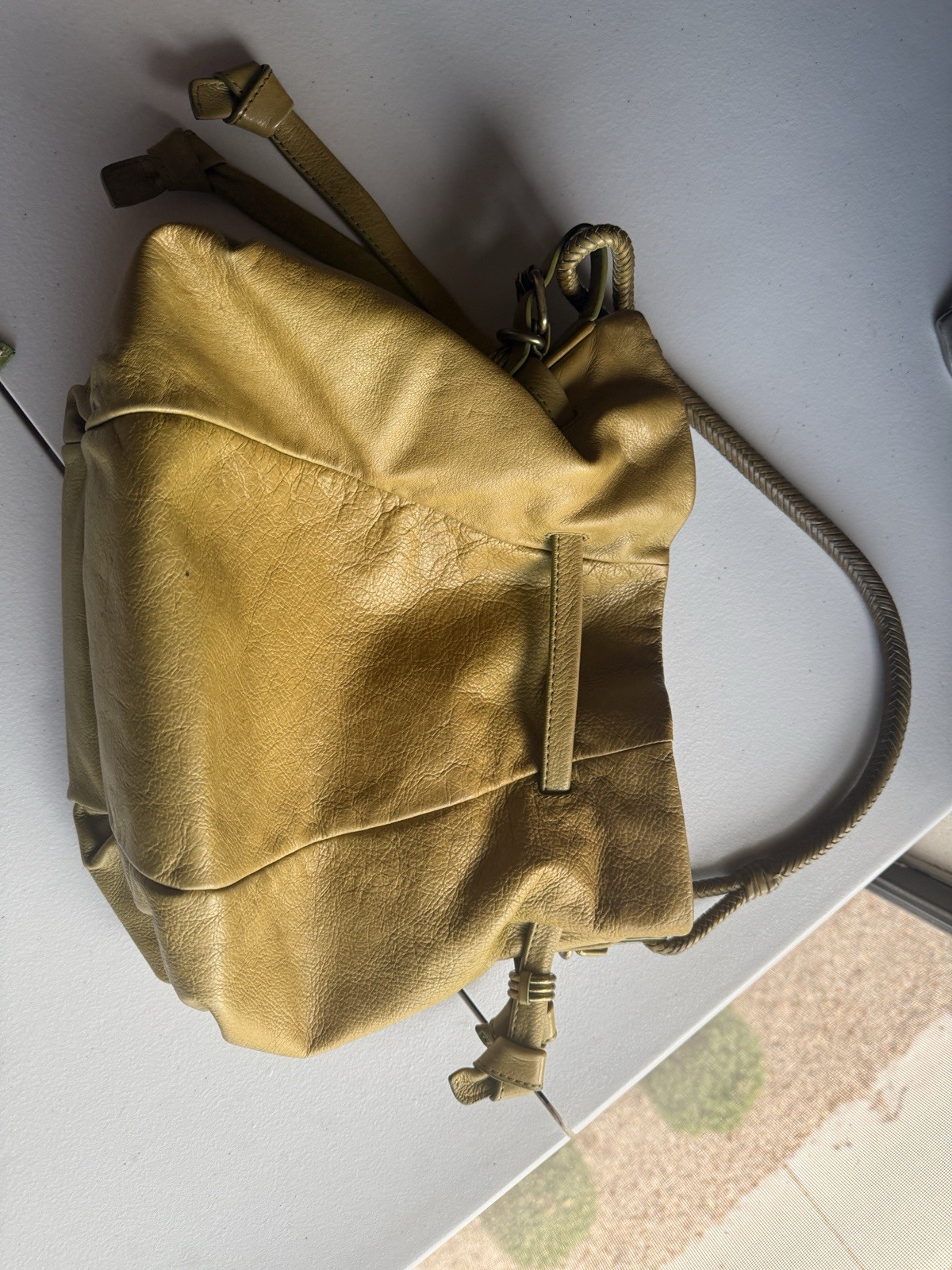 Elliott Lucca Olive Pebbled Soft Leather Hobo Shoulder Bag Woven Handle Boho