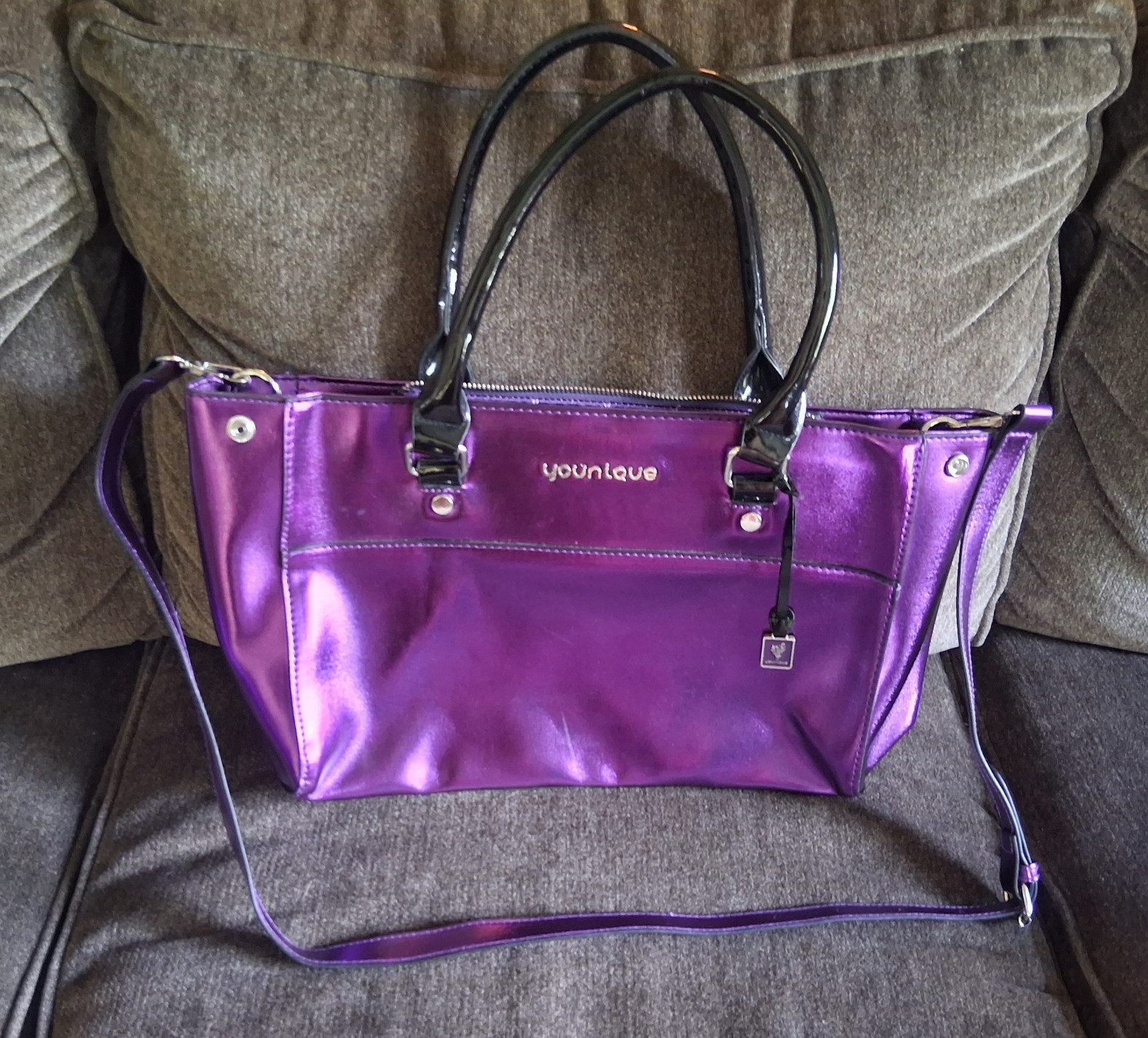 Younique Women’s Purple Metallic Satchel Tote Bag Zip Detachable Strap Medium