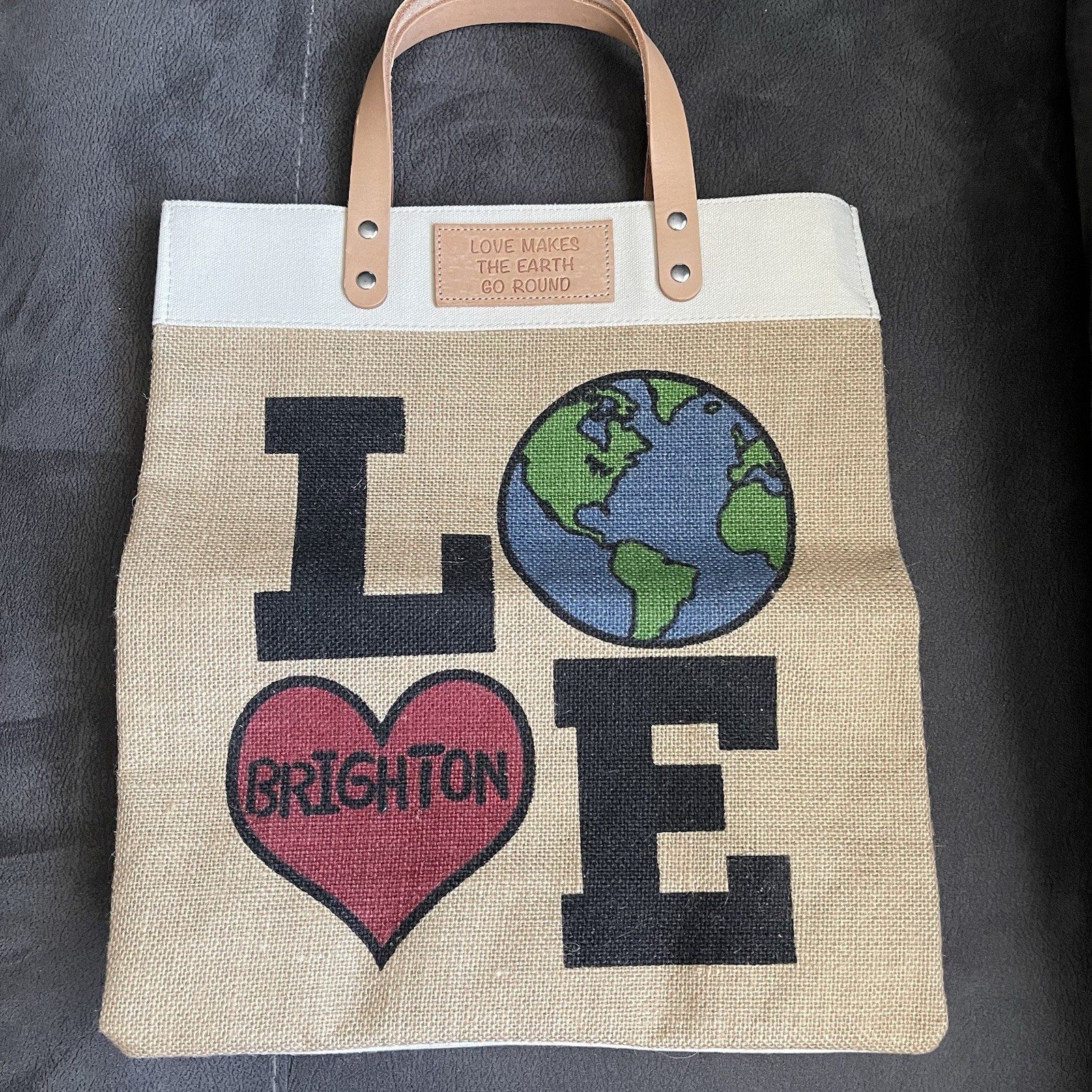 Brighton Tan Canvas Tote Shopper Bag Love Makes The Earth Go Round Leather Handl