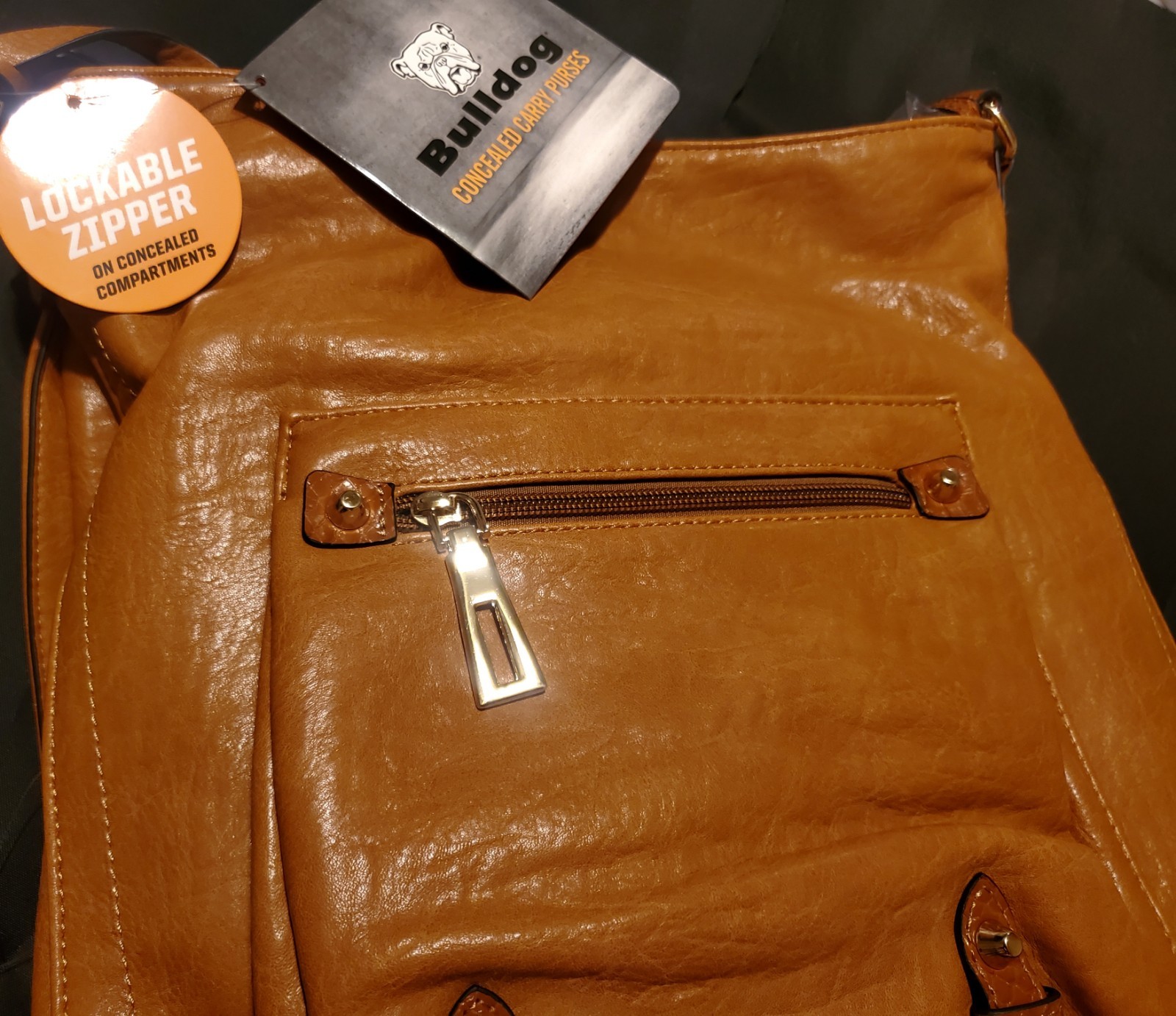 Bulldog Concealed Carry Shoulder Bag Purse, Brown Lockable Zipper, Pockets