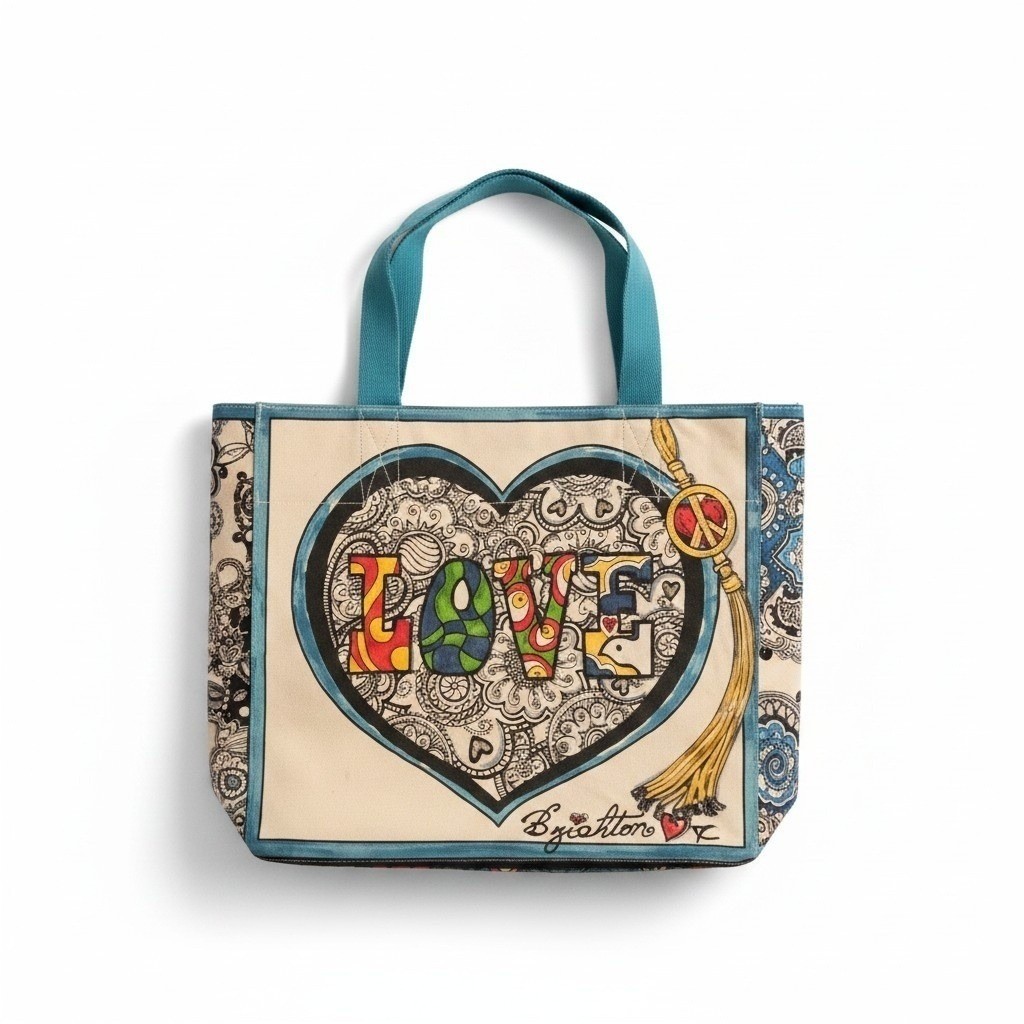 Brighton Love Heart Canvas Tote Bag Teal Blue Artistic Paisley Boho Handbag