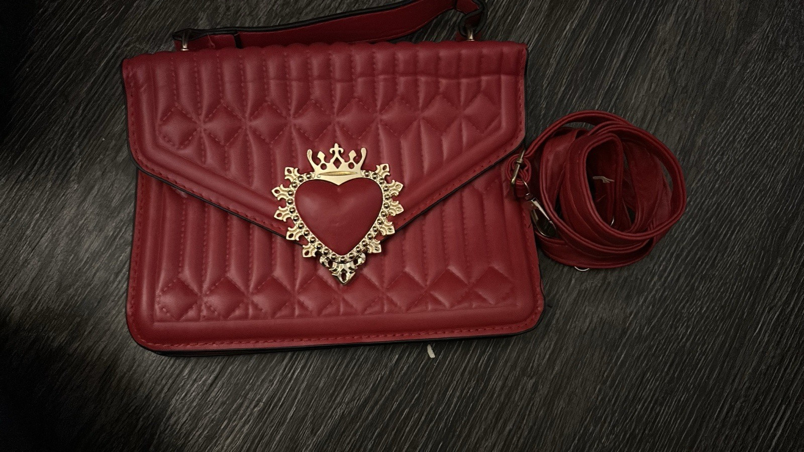 Red Quilted Heart Crossbody Bag, Small Zip Closure, Adjustable Detachable Strap