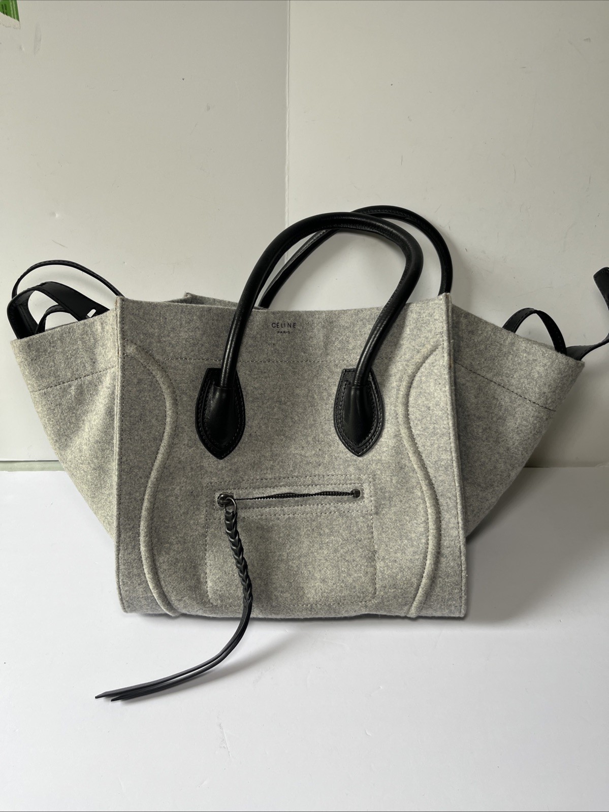 Céline Medium Phantom Luggage Tote Grey Felt Black Leather Trim